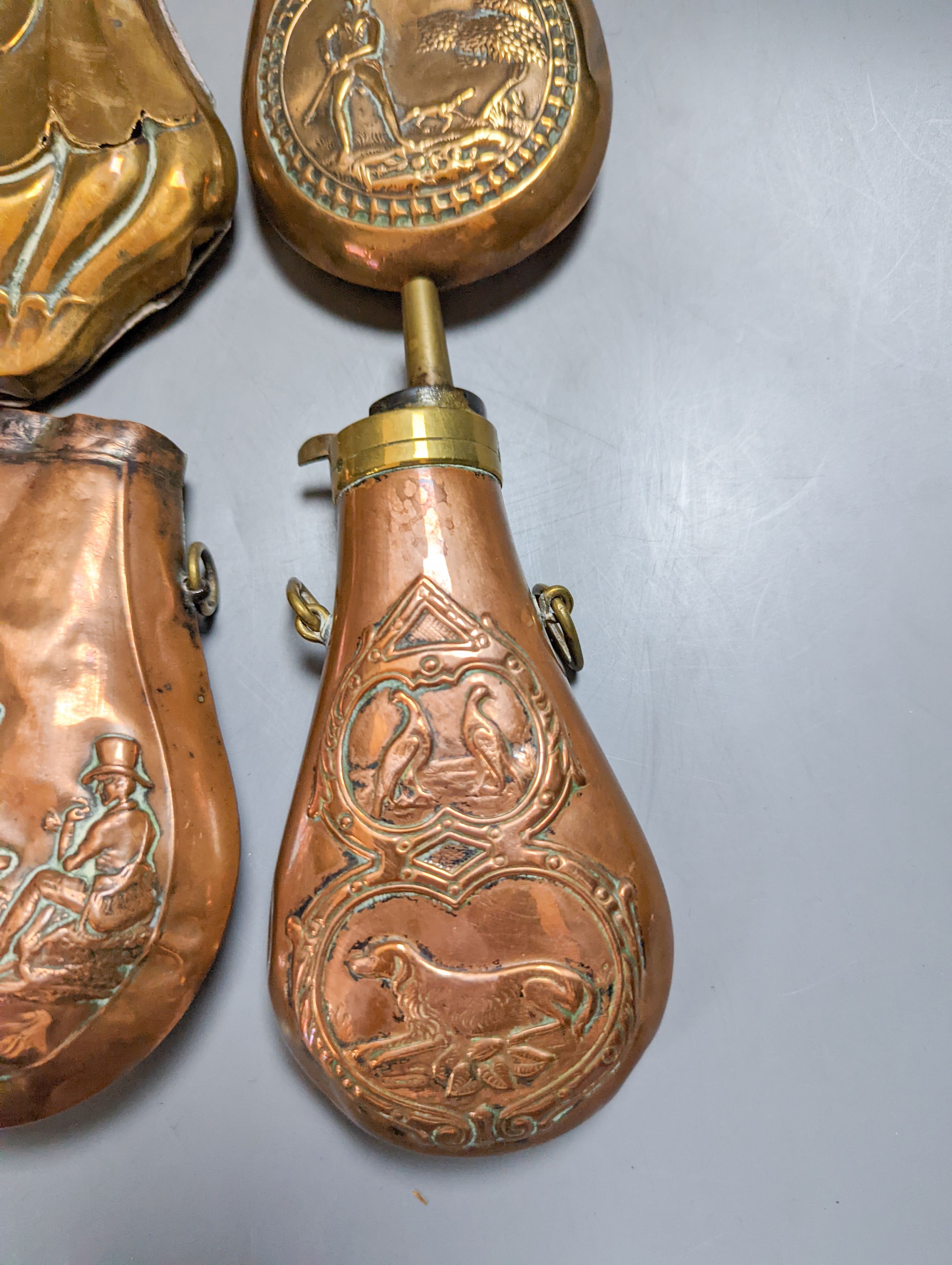 Eight assorted 19th century copper shot flasks - Image 8 of 10