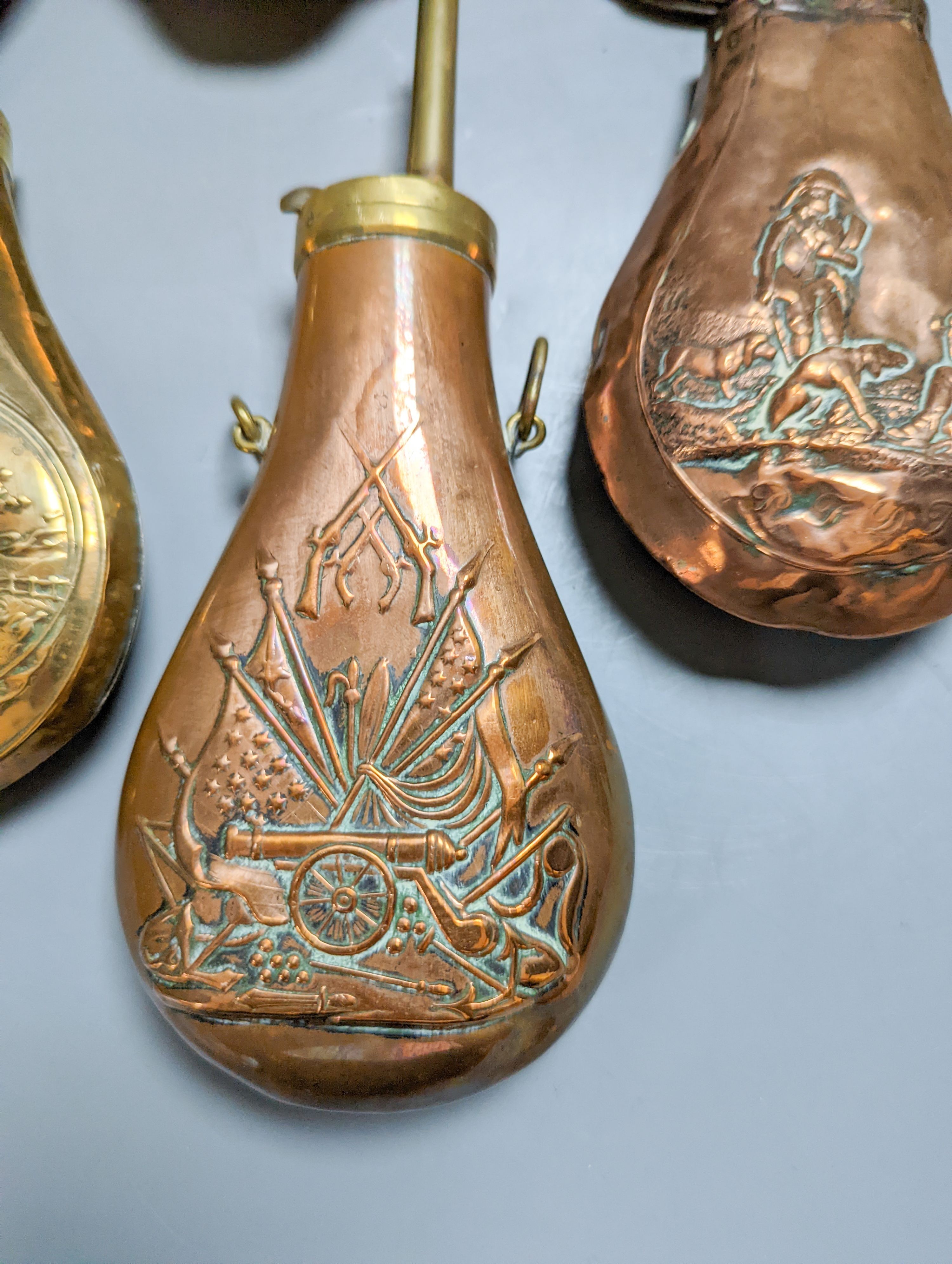 Eight assorted 19th century copper shot flasks - Image 10 of 10