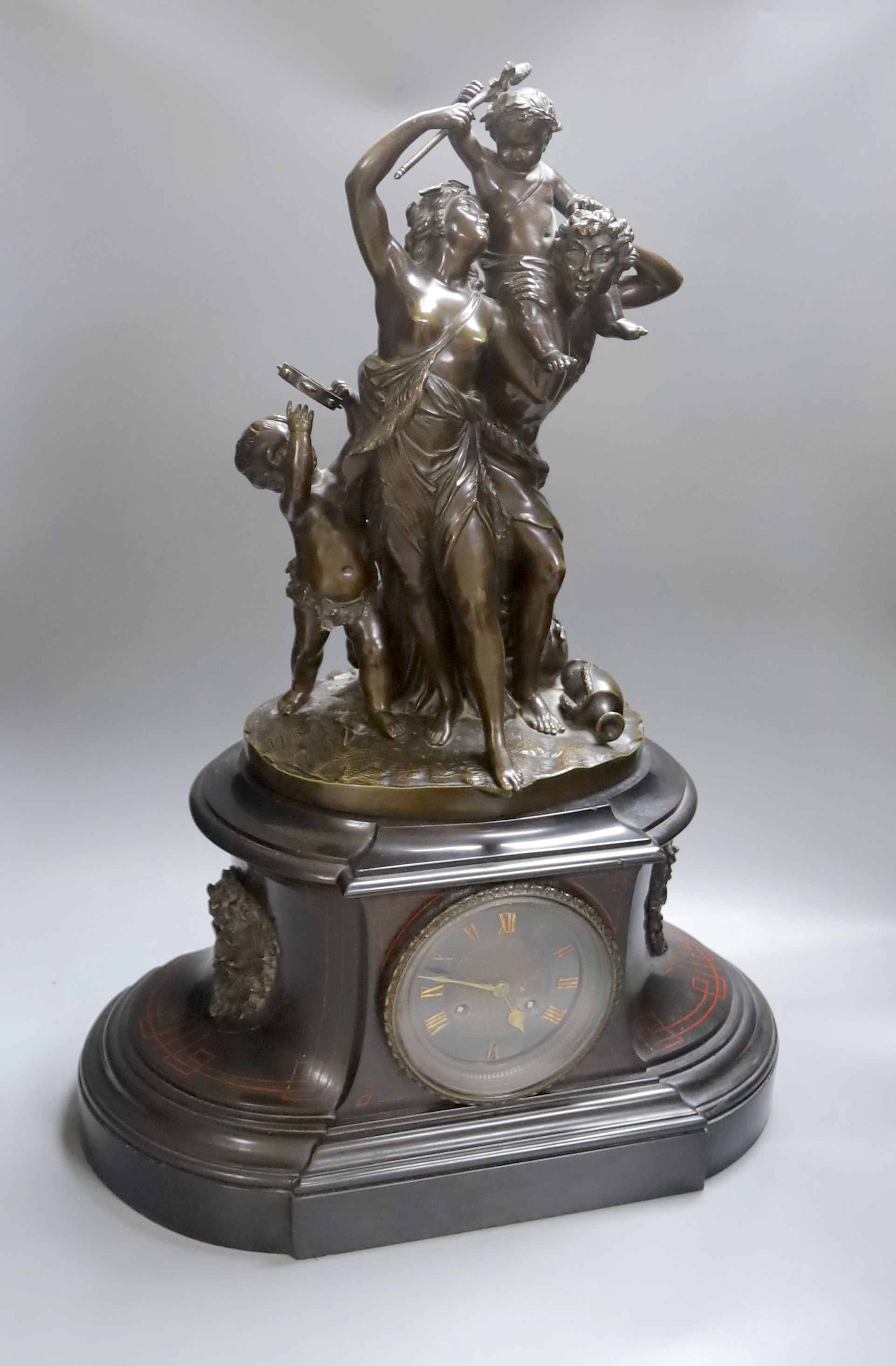 A large 19th century bronze and marble figural mantle clock, Gautier editeur foundry mark 64cm.