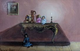 Deborah Jones (1921-2012), oil on board, "Doll in the Hall", signed with label verso, 14 x 21cm