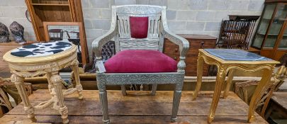 An oval gilt stool with faux zebra top, elbow chair and marble top occasional table. Chair