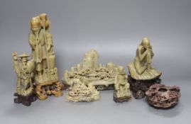 Seven Chinese soapstone carvings, 4 figurative carvings, largest 26 cms high including base.