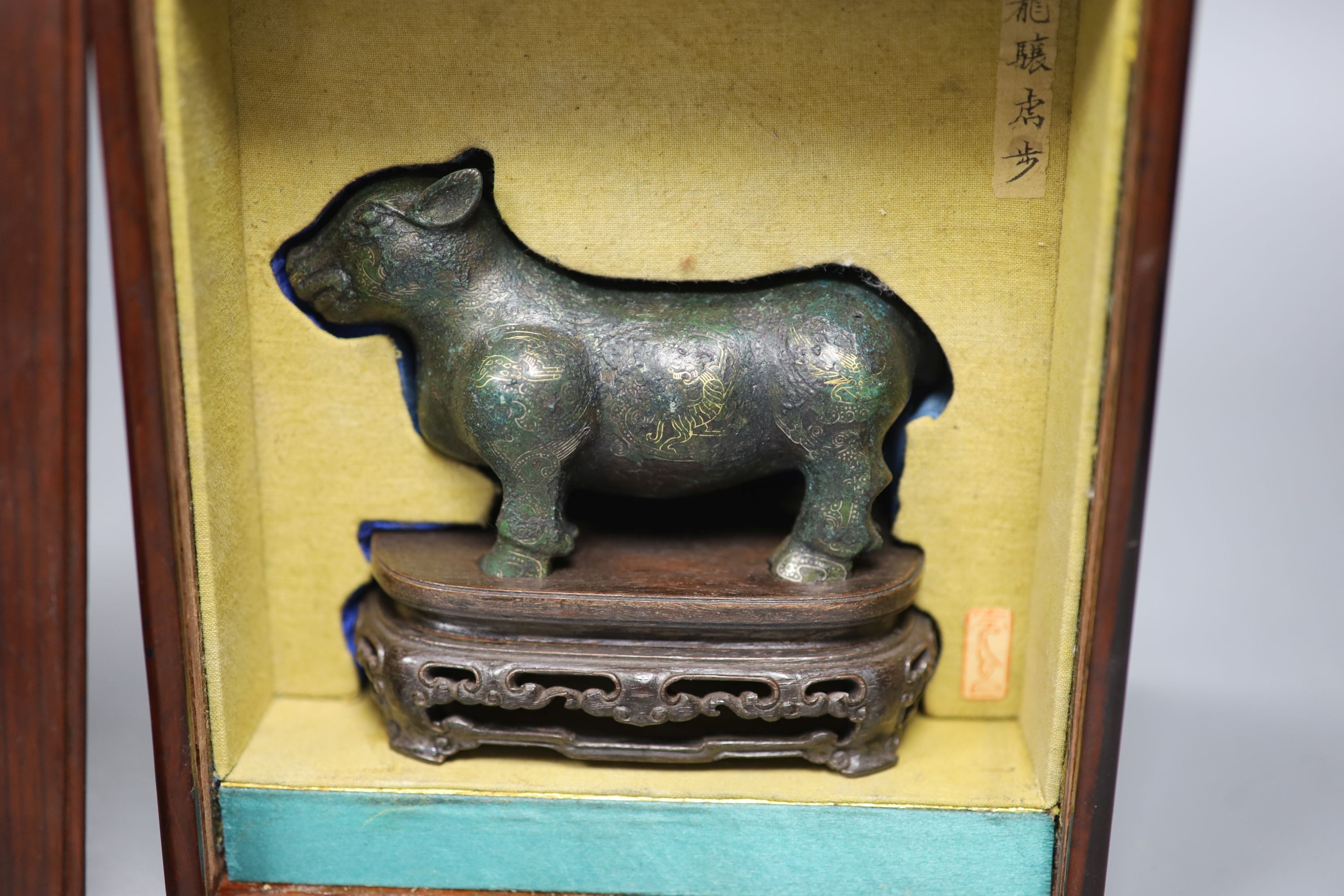 A Chinese gold and silver inlaid bronze figure of a tapir, Han dynasty or later, L. 12cm, - Image 3 of 4