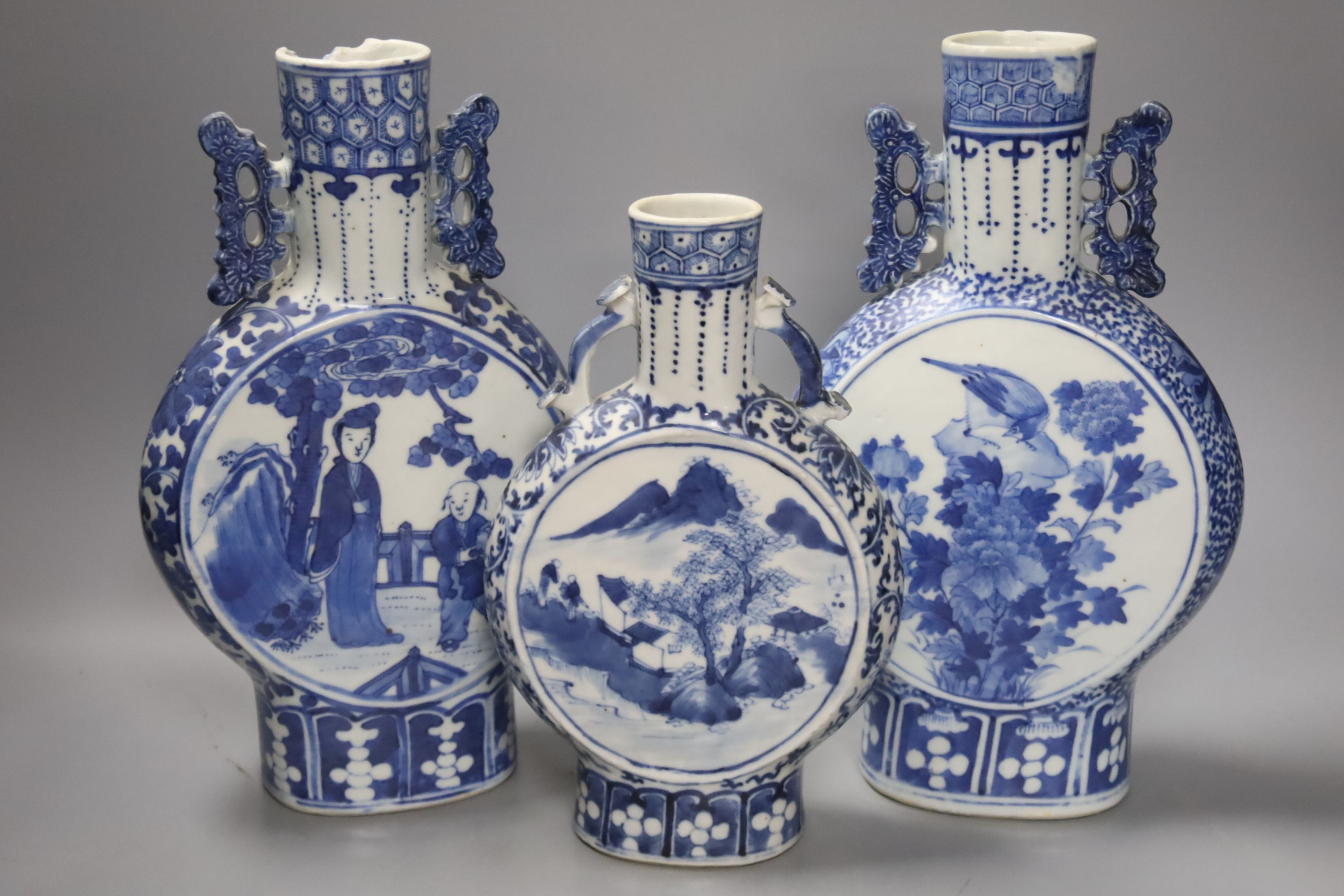 Three 19th century Chinese blue and white Moon flasks, tallest 31 cms. - Image 2 of 4