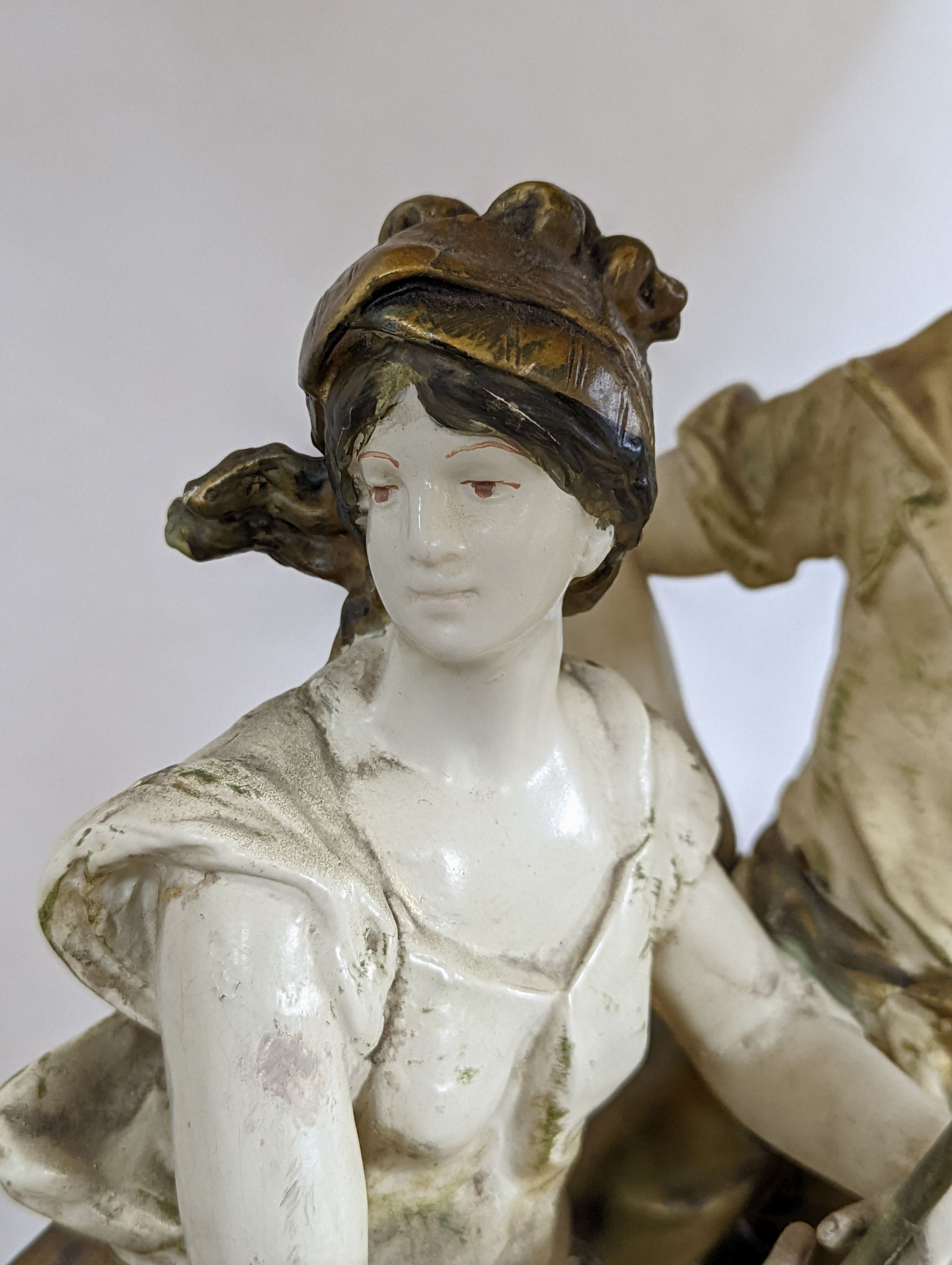 After L & F Moreau - a painted spelter figural table lamp, peasant girl and boy, 96 cms high - Image 2 of 5
