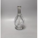 A Dutch? glass four compartmented spirit bottle, engraved with Rhum, Wiskey, Gin and Brandy 26cm