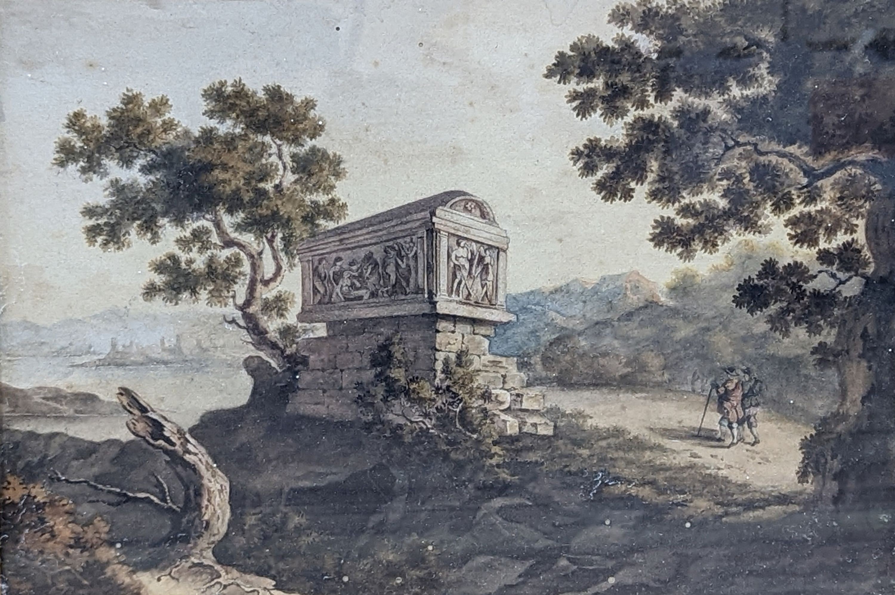 Attributed to Paul Sandby (1773-1845), watercolour, Travellers passing a tomb, 23 x 33cm