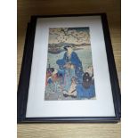 Toyokuni III (1786-1864), wood cut print, 'Prince Genji and his pages', 34 x 18cm, a study of a