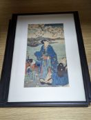 Toyokuni III (1786-1864), wood cut print, 'Prince Genji and his pages', 34 x 18cm, a study of a