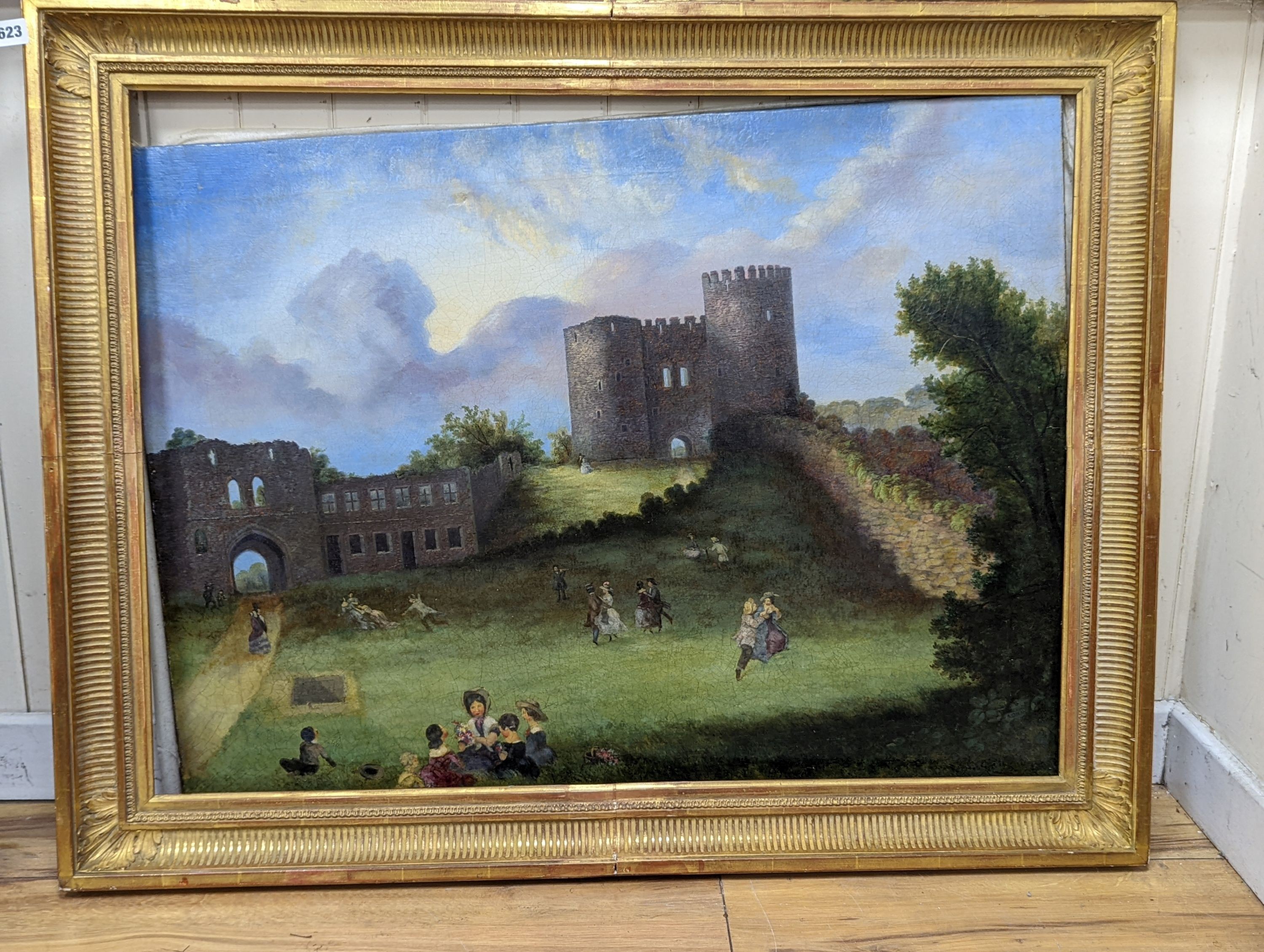 English School, oil on canvas, Figures dancing before castle ruins, 68 x 90cm - Image 2 of 3