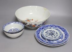 Two 18th/19th century Chinese Export porcelain bowls, largest 28cm and three plates and a