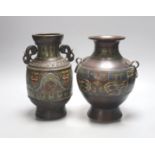 Two early 20th century Japanese champleve enamel and bronze vases 24cm