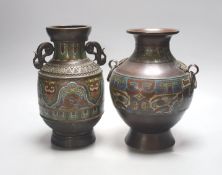 Two early 20th century Japanese champleve enamel and bronze vases 24cm