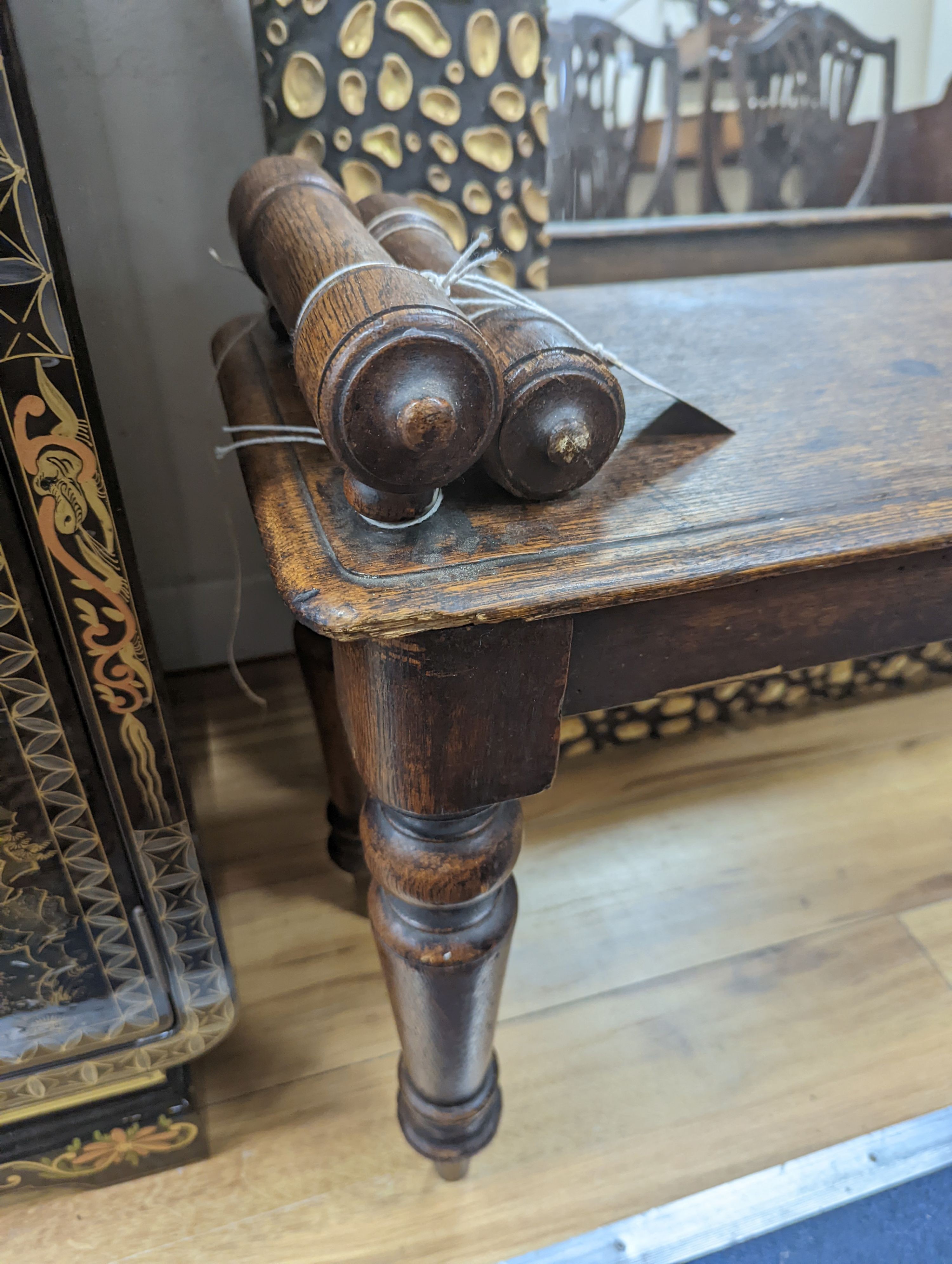 A Victorian oak window seat W-107cm, D-28cm, H-53cm, one handle bar detached but present - Image 2 of 5