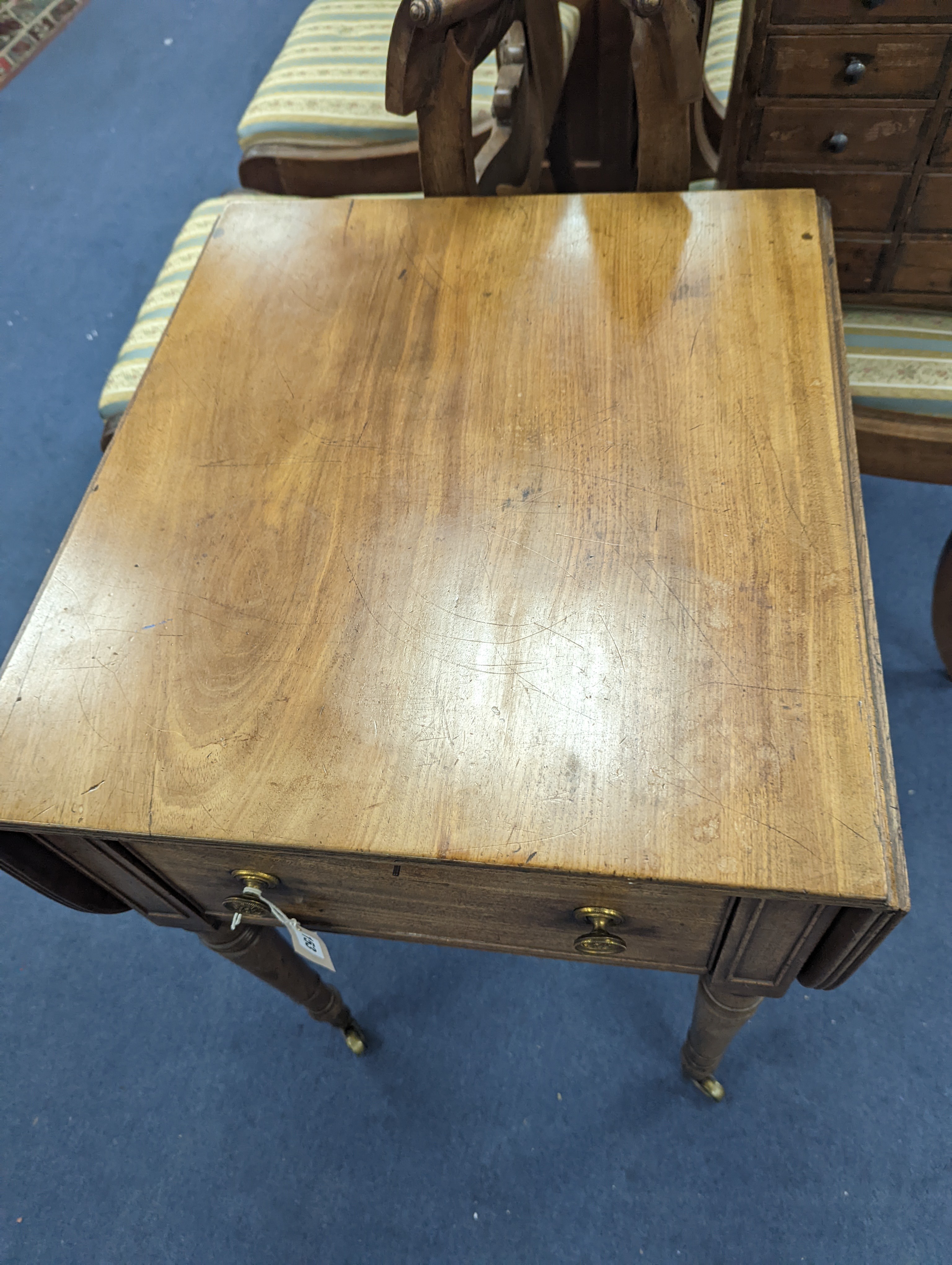 A Regency mahogany drop flap work table with twin fall compartments, width 48cm, depth 54cm, - Image 2 of 3