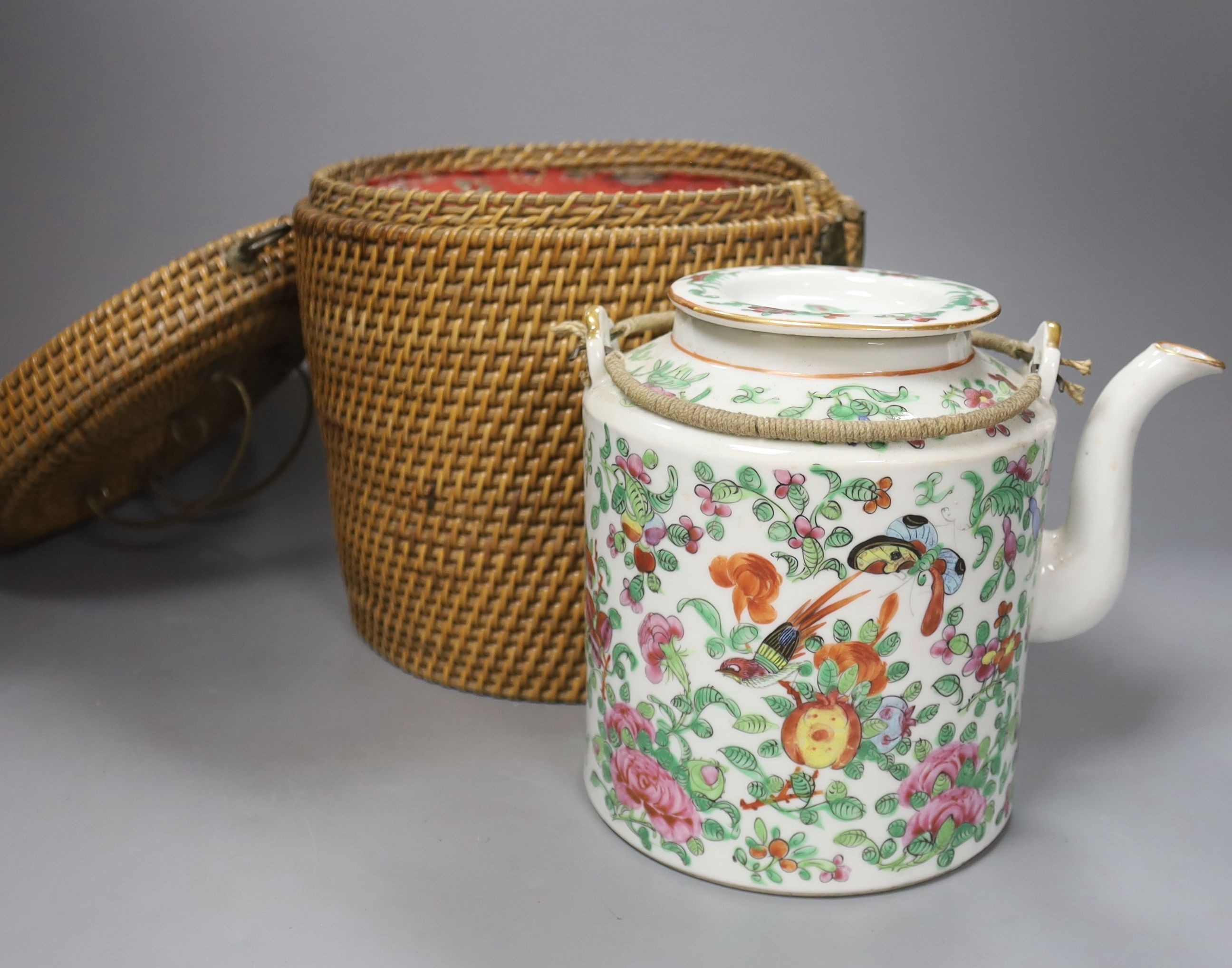 Three late 19th/early 20th century Chinese famille teapots, two in baskets and a similar dish, - Image 7 of 9