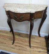 A Louis XVI design marble top serpentine console table. W-102cm, D-47cm, H-91cm.