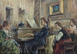Continental School, oil on canvas, Young lady playing a piano, indistinctly signed, 50 x 70cm
