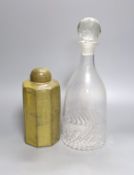 A St Ives style studio pottery jar and cover and a glass decanter and associated stopper 33cm