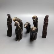 Five Chinese horn figures of dogs and two Chinese soapstone seals 12cm