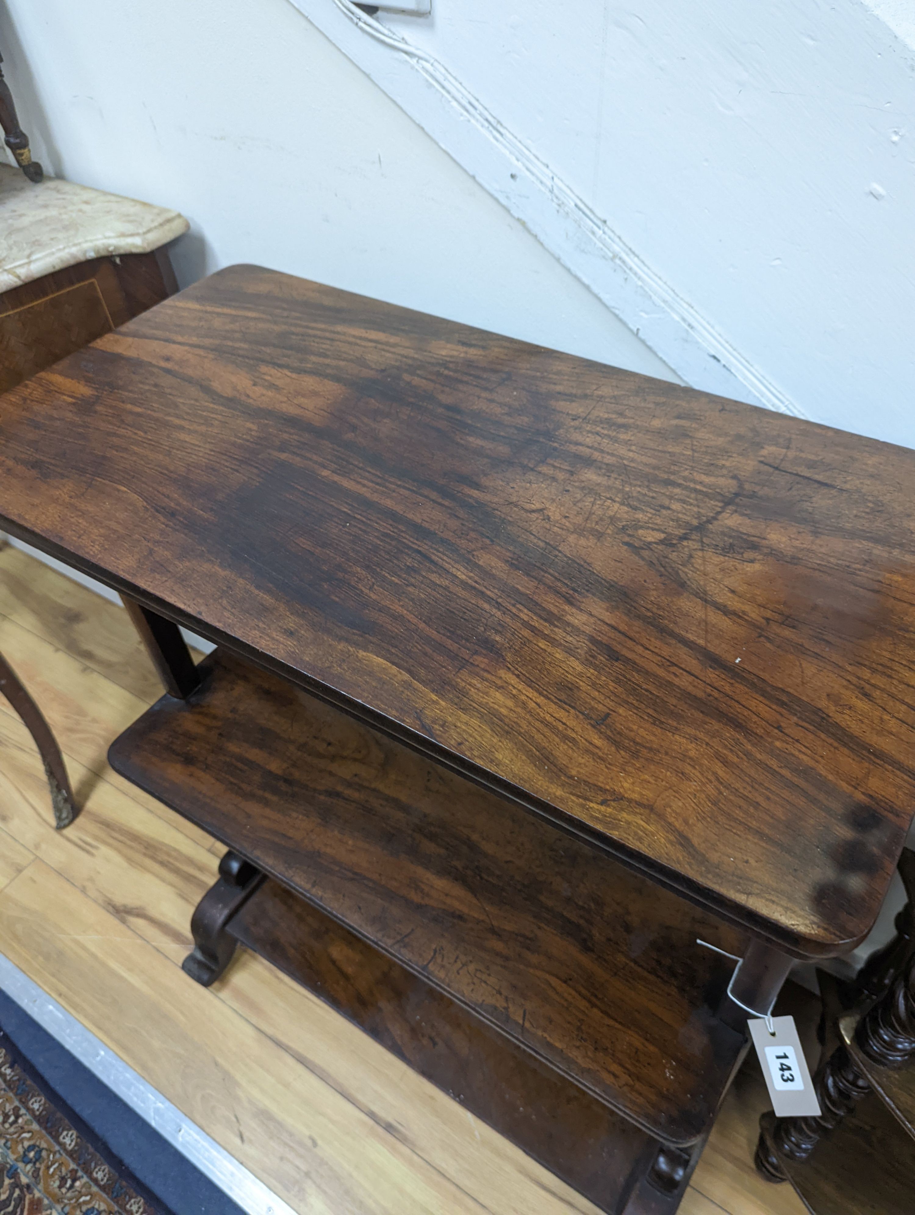 A Victorian rosewood three tier table. W-73cm, D-38cm, H-92cm. - Image 2 of 5