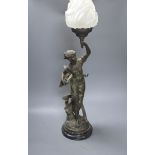 An Art Nouveau spelter figural flame shaded table lamp,74 cms high.