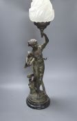 An Art Nouveau spelter figural flame shaded table lamp,74 cms high.