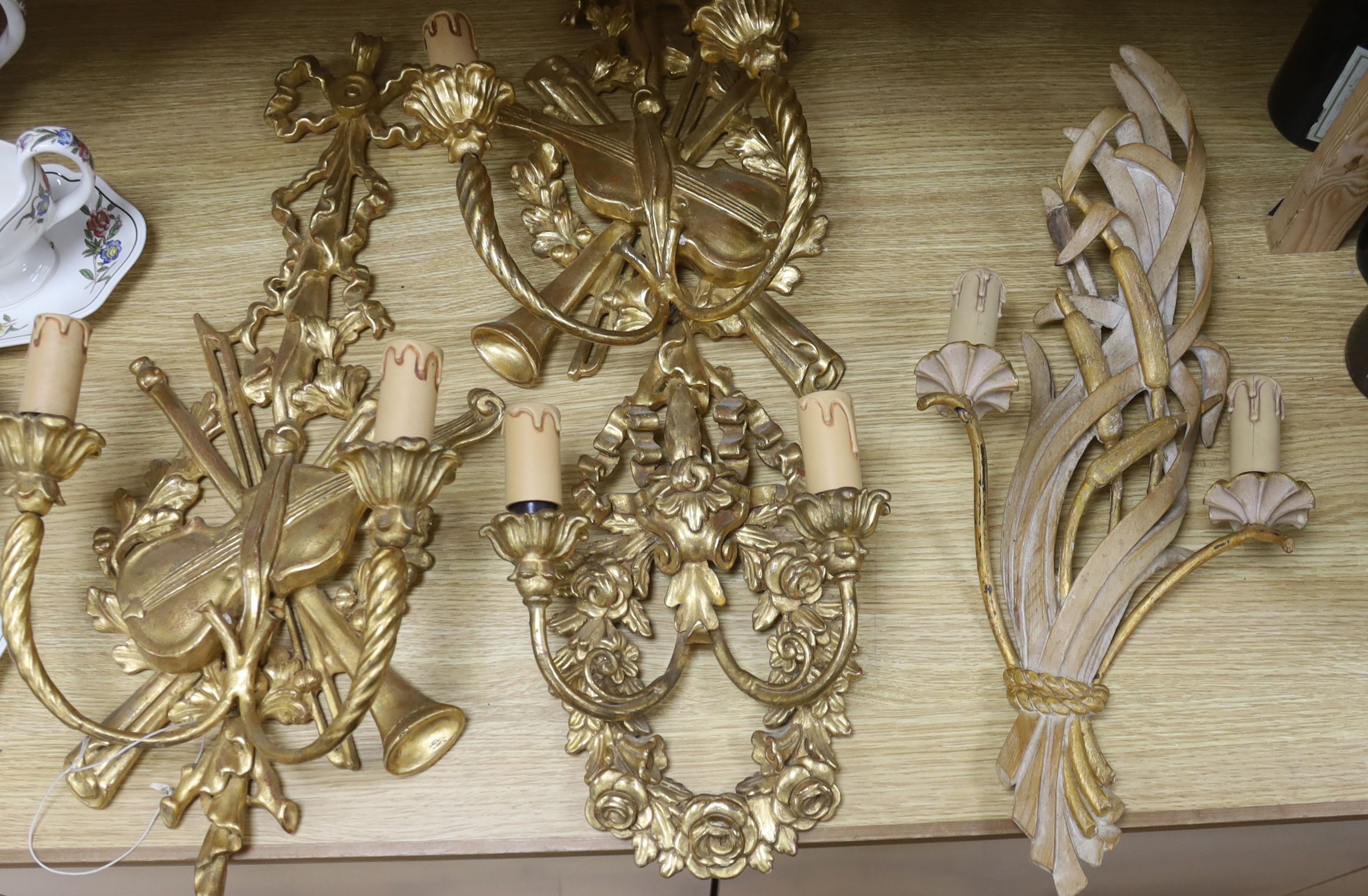 Two pairs of 18th century style Italian giltwood two branch wall lights and one other wall light, 62 - Image 2 of 3