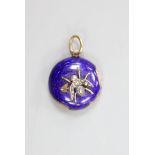 A Victorian yellow metal, blue enamel and rose cut diamond set bug pendant, with glazed back,