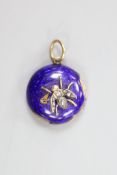 A Victorian yellow metal, blue enamel and rose cut diamond set bug pendant, with glazed back,