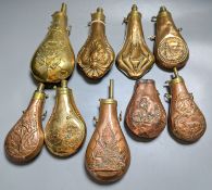 Eight assorted 19th century copper shot flasks