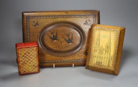 An olive wood blotter pad, 30cm two cased packs cards
