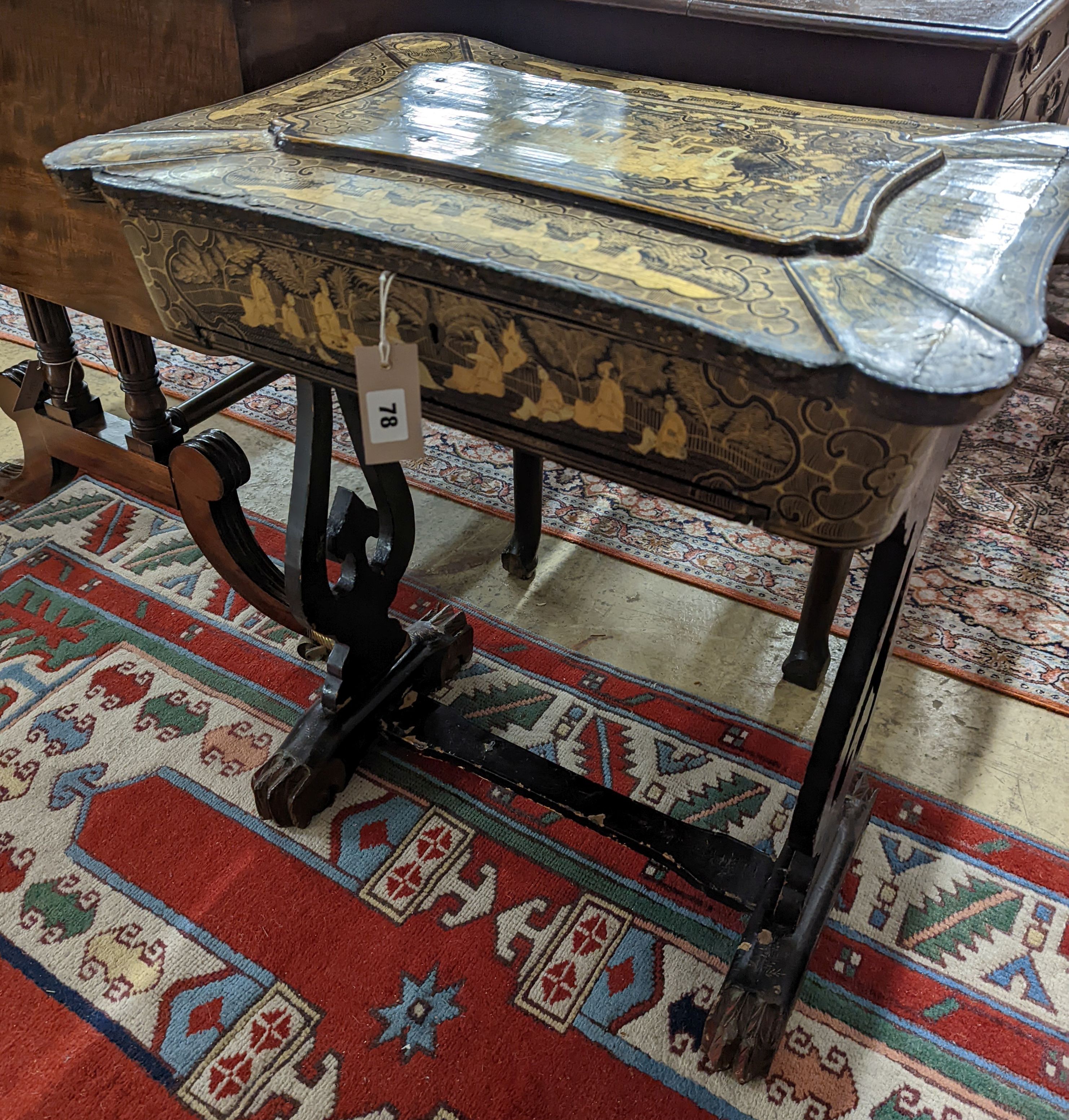 A mid 19th century Chinese export lacquer work table. W-59cm,D-41cm, H-66cm., containing bone