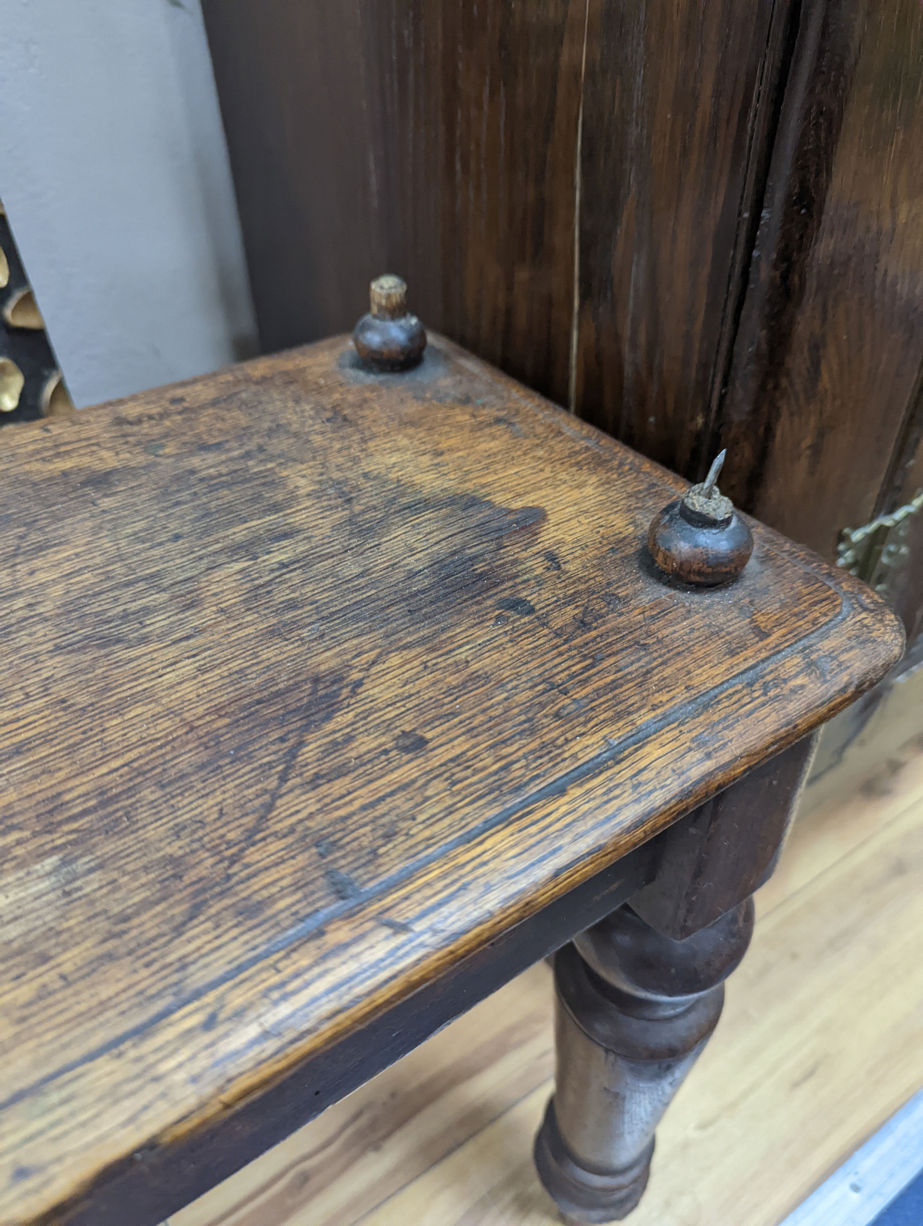 A Victorian oak window seat W-107cm, D-28cm, H-53cm, one handle bar detached but present - Image 4 of 5