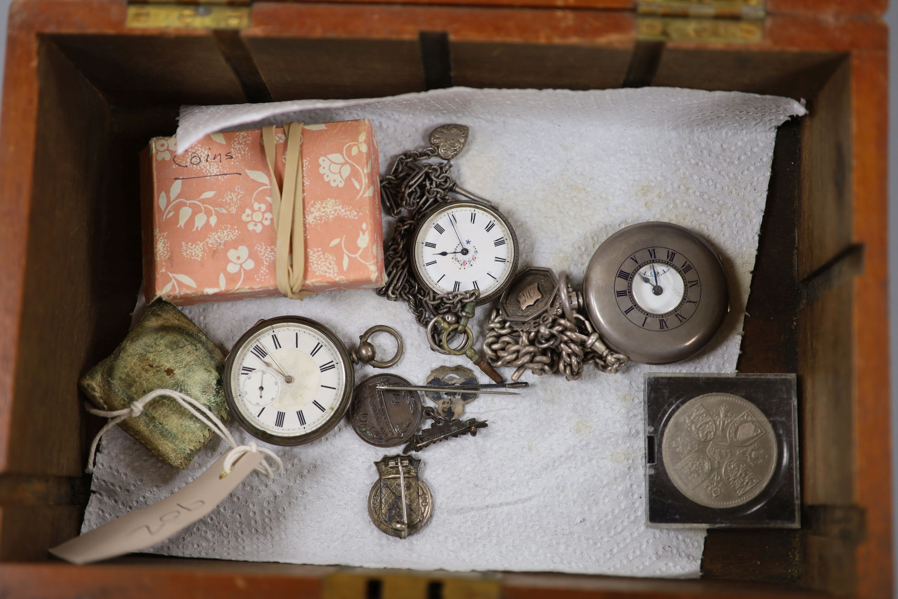 Various pocket watches including a 935 fob watch, together with a silver albert, medals coins and - Image 4 of 4