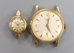 A gentleman's 9ct gold watch Longines manual wind wrist watch (no strap) and a lady's yellow metal