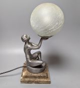 An Art Deco style ‘seated female’ lamp with spherical shade and marble base. 37cm