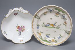 An 18th century Moustiers faience plate and a late 18th century Continental porcelain desert dish,