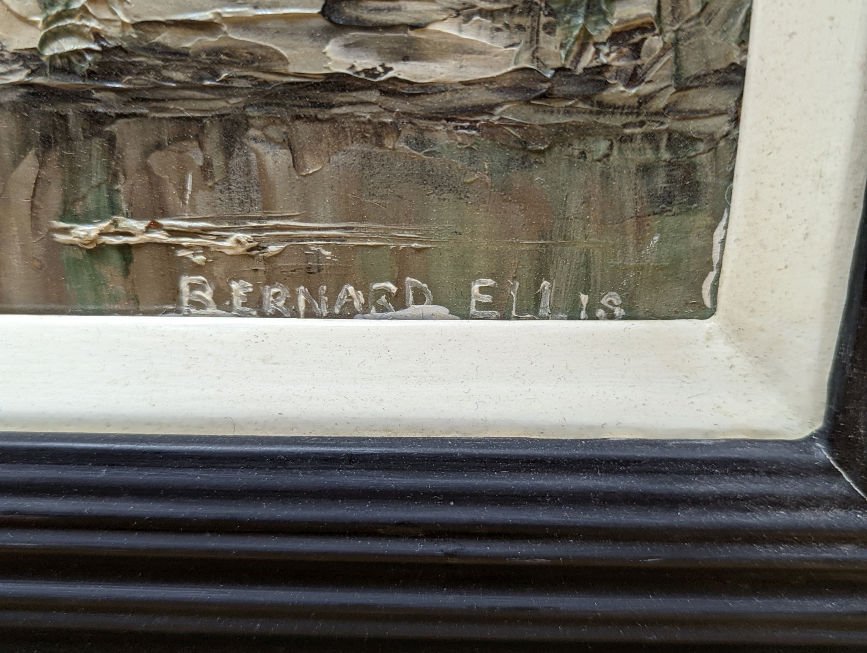 Bernard Ellis, oil on board, Welsh village, signed with labels verso, 44 x 59cm - Image 3 of 4