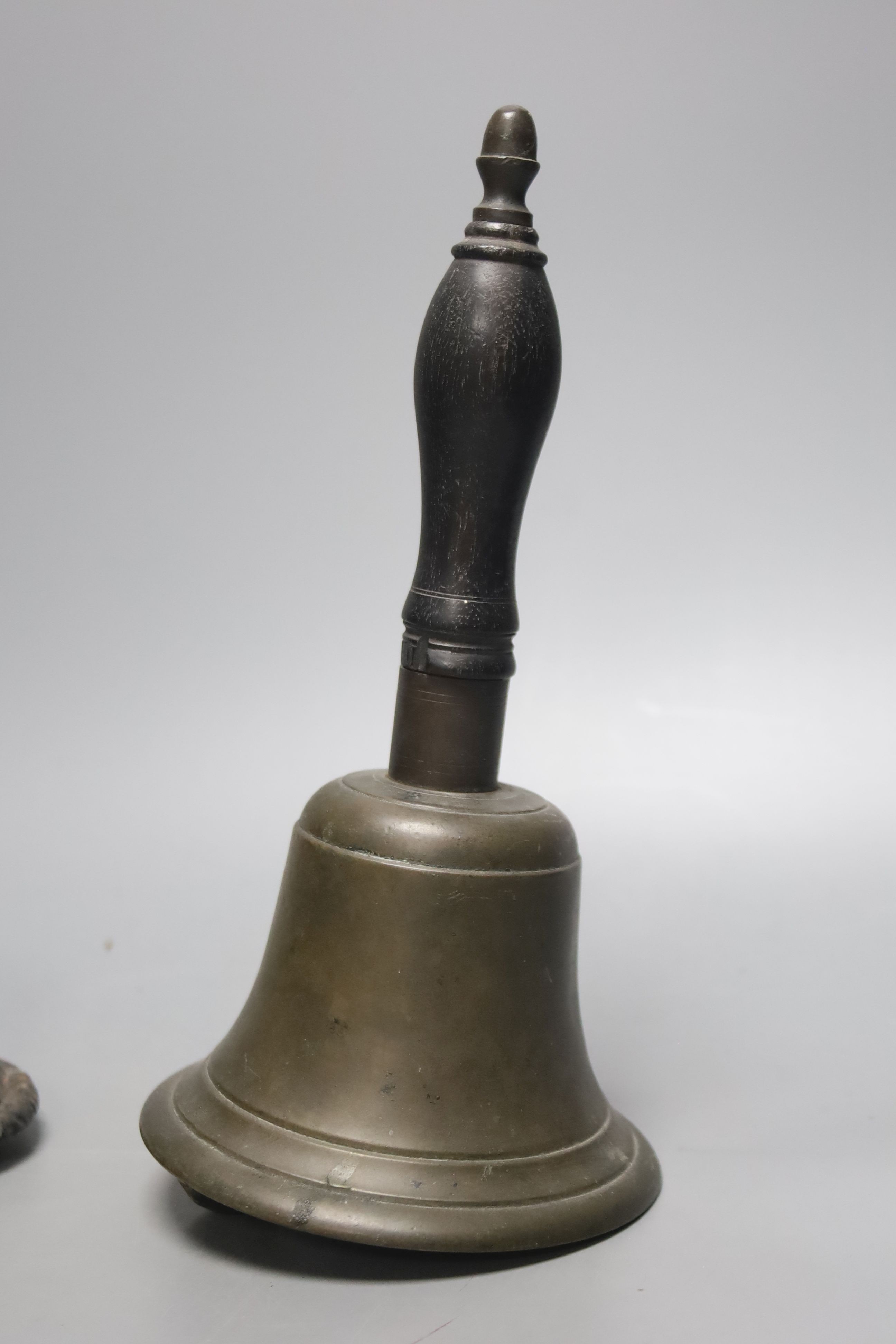 A brass handbell, iron donkey matchbox holder plus cloisonné matchbox cover. Bell, 23cms high. - Image 5 of 5