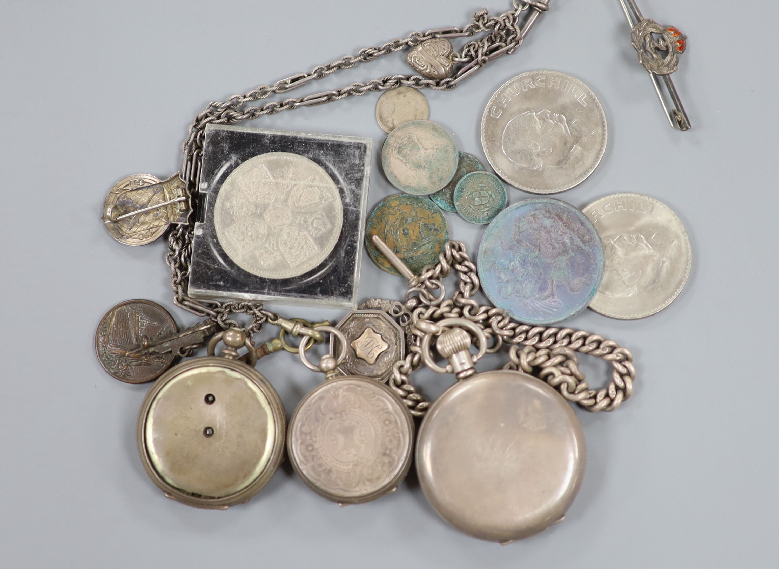 Various pocket watches including a 935 fob watch, together with a silver albert, medals coins and - Image 2 of 4