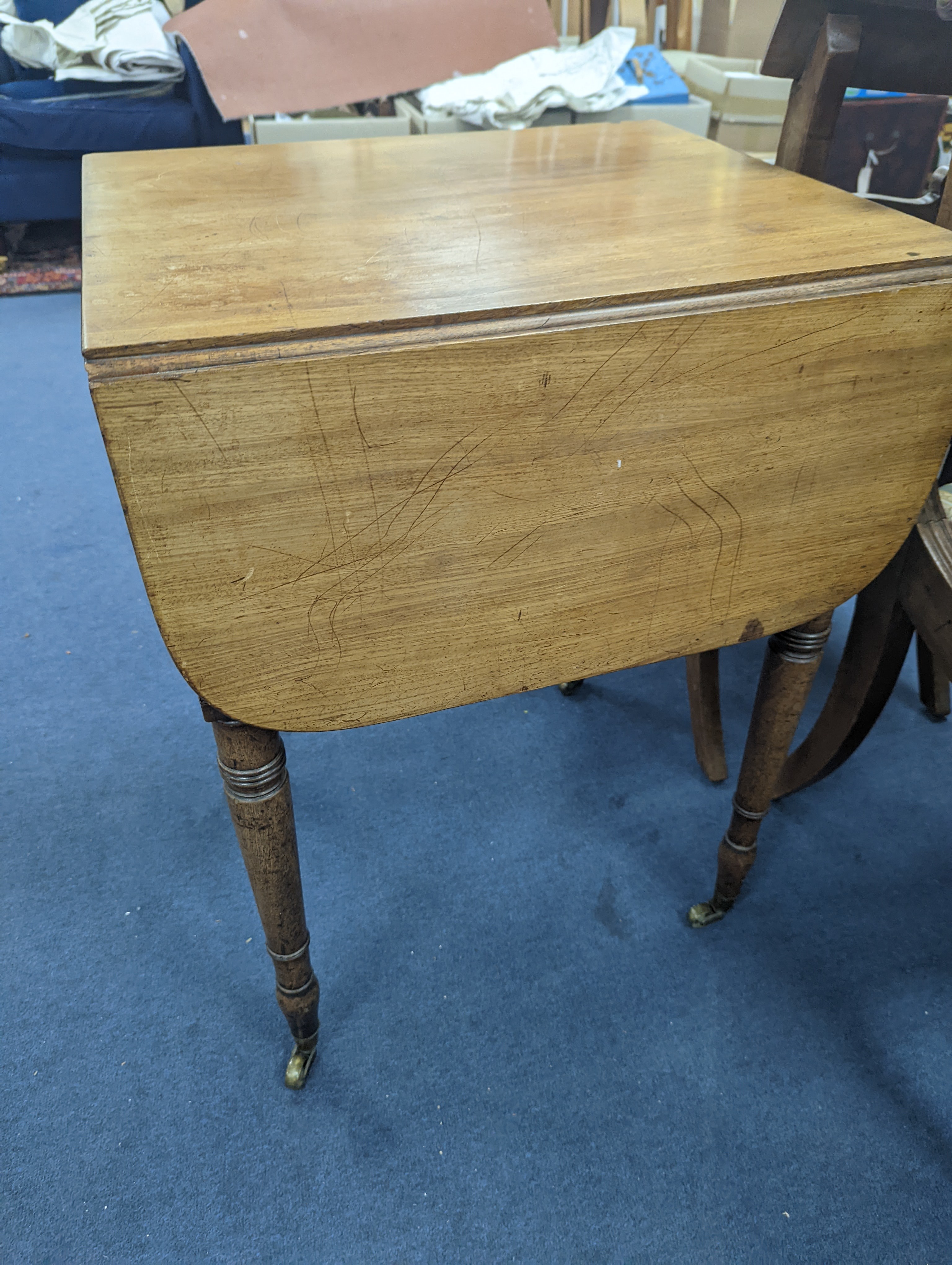 A Regency mahogany drop flap work table with twin fall compartments, width 48cm, depth 54cm, - Image 3 of 3