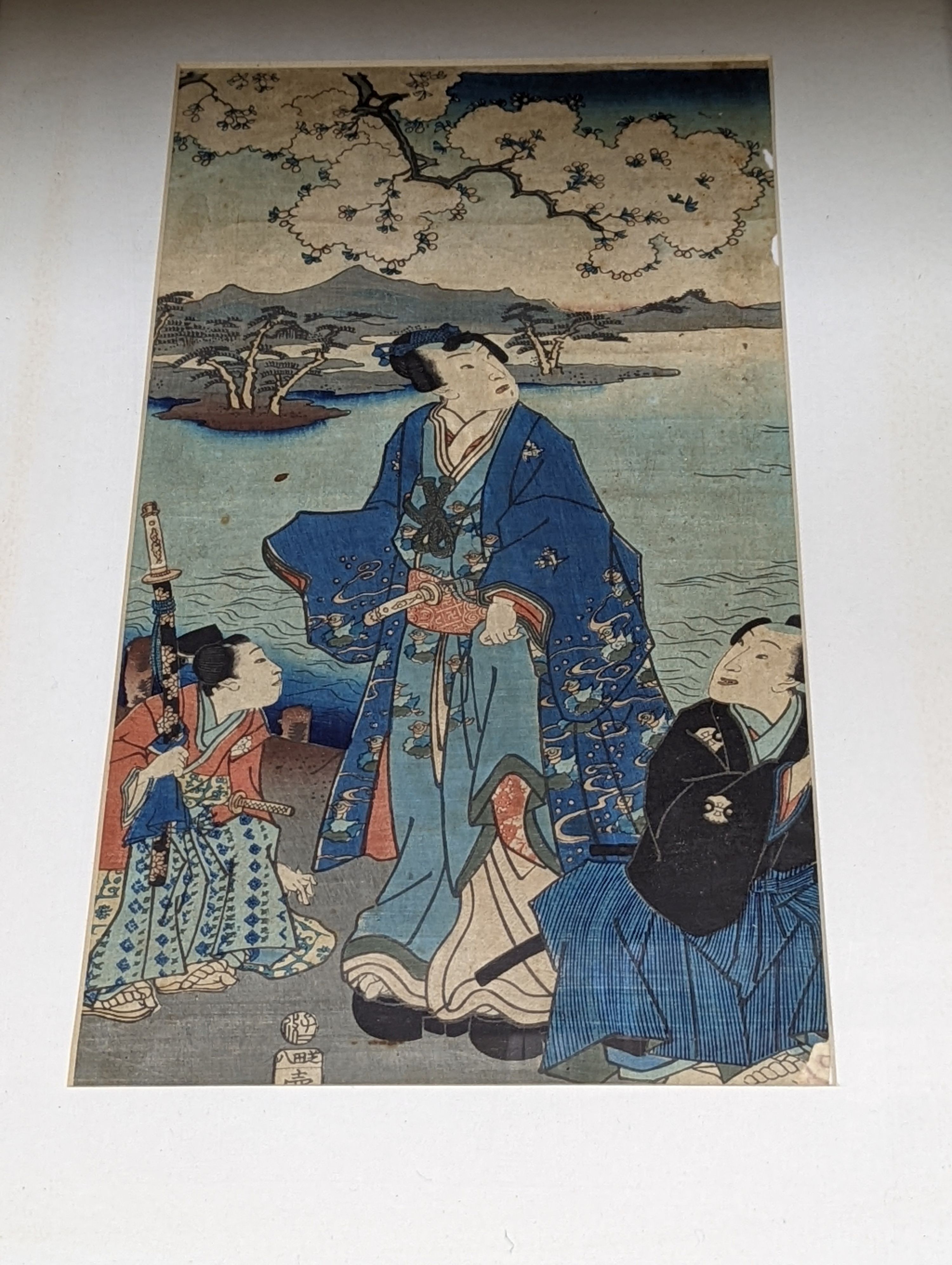Toyokuni III (1786-1864), wood cut print, 'Prince Genji and his pages', 34 x 18cm, a study of a - Image 2 of 7