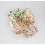 A yellow metal, jade and gem set floral spray brooch, 53mm, gross weight 13.9 grams.