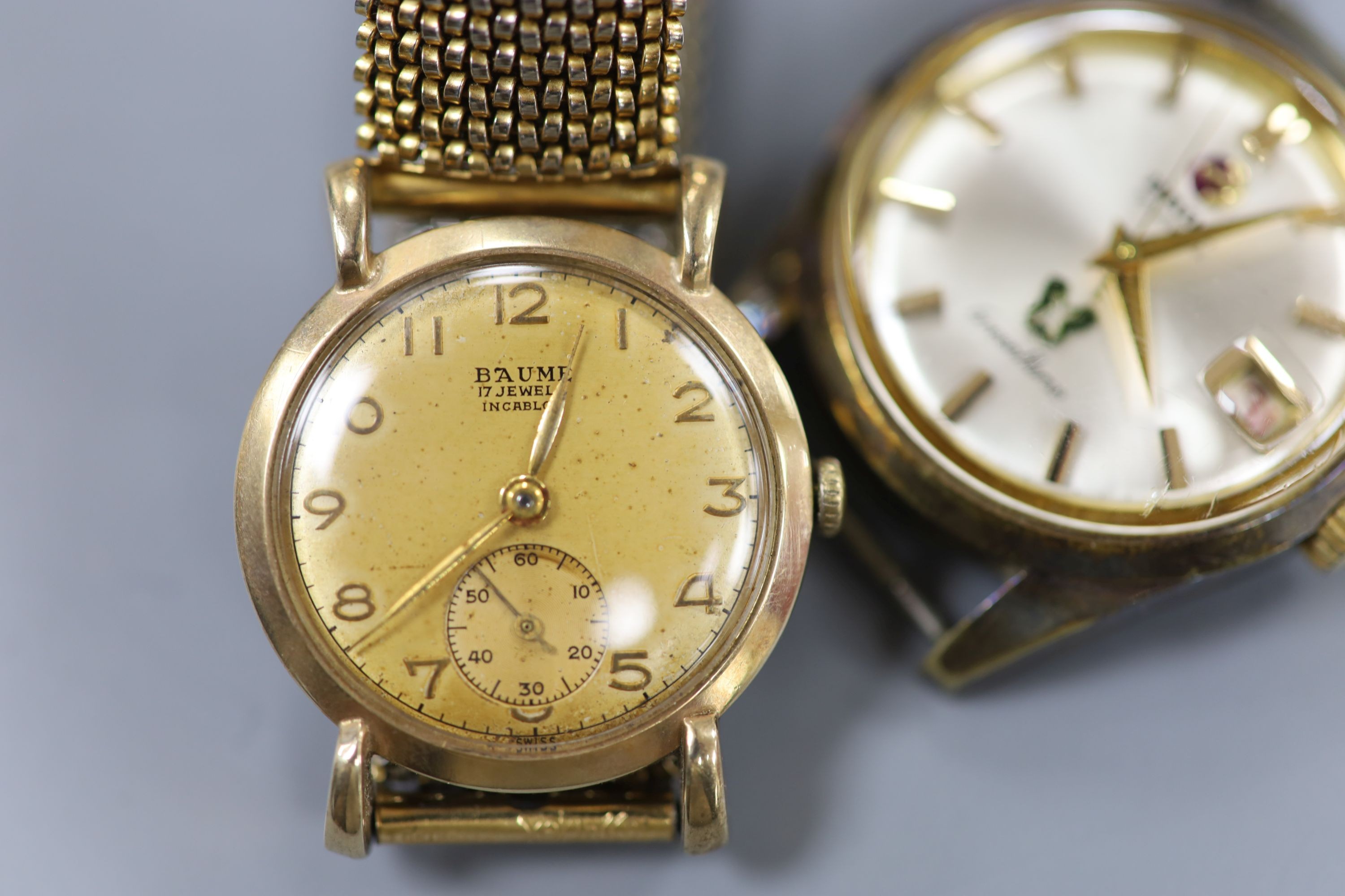 A gentleman's 9ct gold Baume manual wind wrist watch, on a gilt metal flexible strap and a - Image 2 of 5