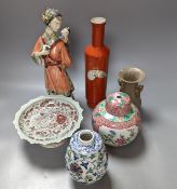 A Chinese porcelain figure group, four vases and a stem dish. Tallest 33cm