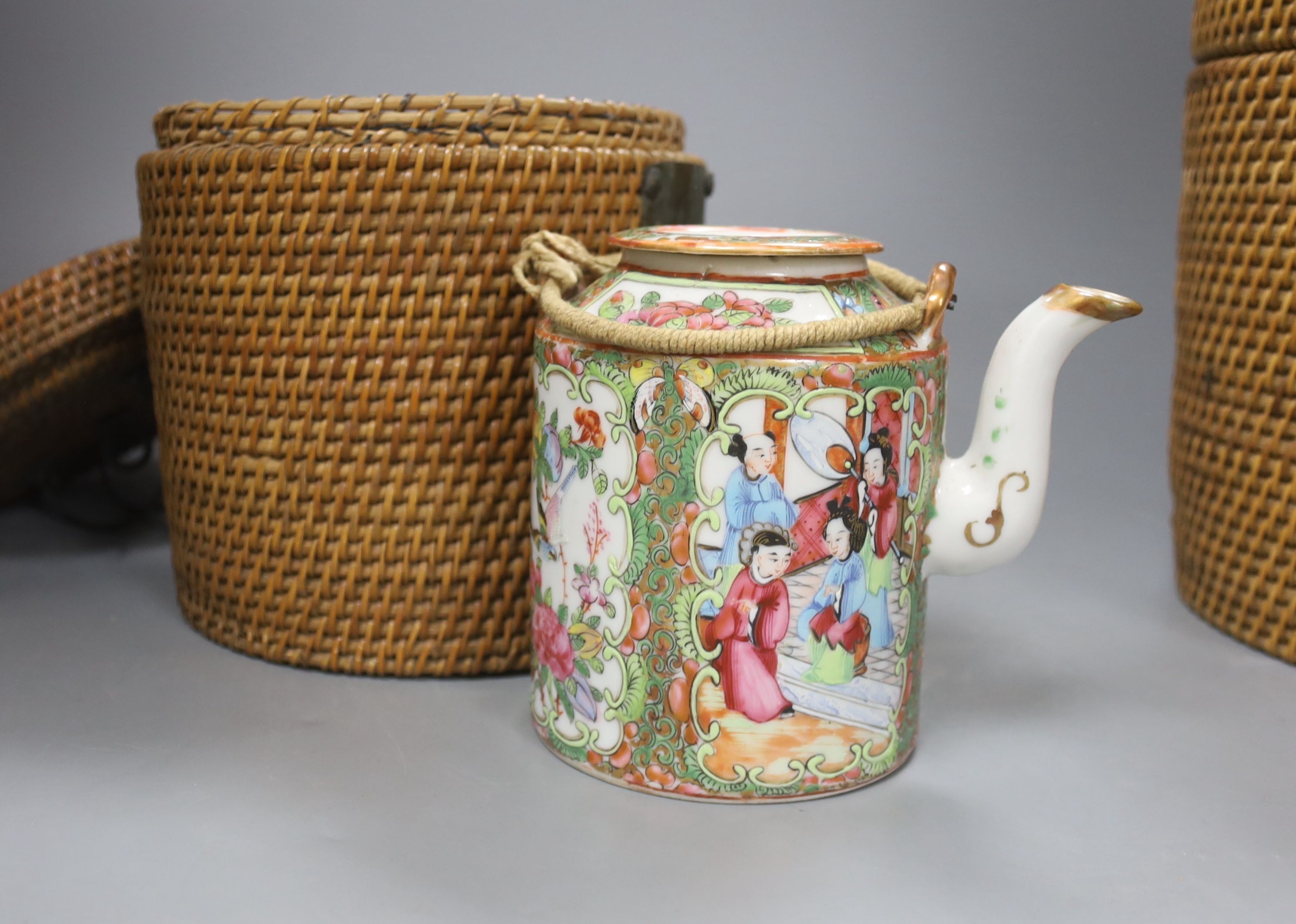 Three late 19th/early 20th century Chinese famille teapots, two in baskets and a similar dish, - Image 6 of 9