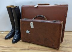 A pair of gents riding boots and 2 vintage cases, largest case,48 cms high x 62 cms wide