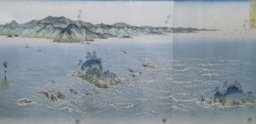 Japanese School, woodblock triptych, Coastal landscape, overall 32 x 66cm