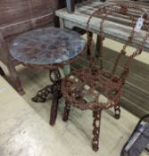 A reclaimed metal table and chair (chair a.f.) table measurements, D-54cm, H-66cm.